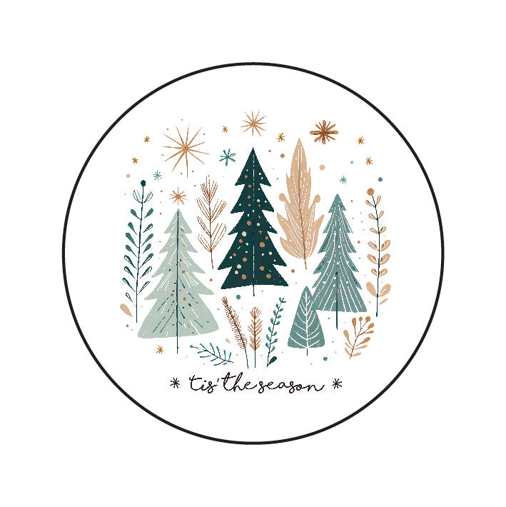 Stickers Kerstbomen ’Tis the Season – ronde kerststickers met kerstbomen en takjes in Scandinavische stijl, Liefs en Lintjes