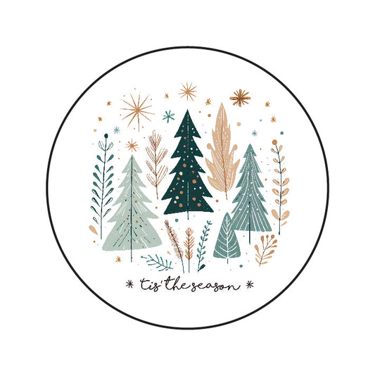 Stickers Kerstbomen ’Tis the Season – ronde kerststickers met kerstbomen en takjes in Scandinavische stijl, Liefs en Lintjes