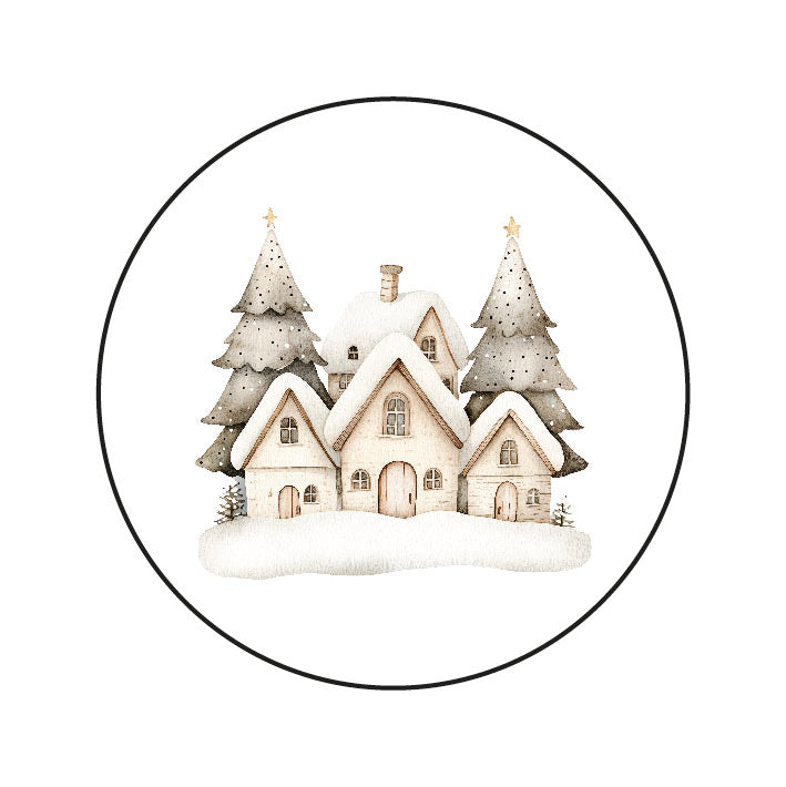 Stickers Kersthuisje in de Sneeuw – ronde kerststickers met aquarelillustratie van besneeuwd huisje en dennenbomen, Liefs en Lintjes