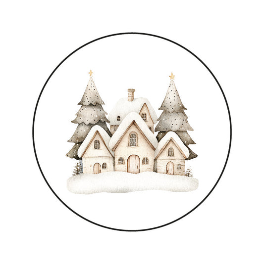 Stickers Kersthuisje in de Sneeuw – ronde kerststickers met aquarelillustratie van besneeuwd huisje en dennenbomen, Liefs en Lintjes