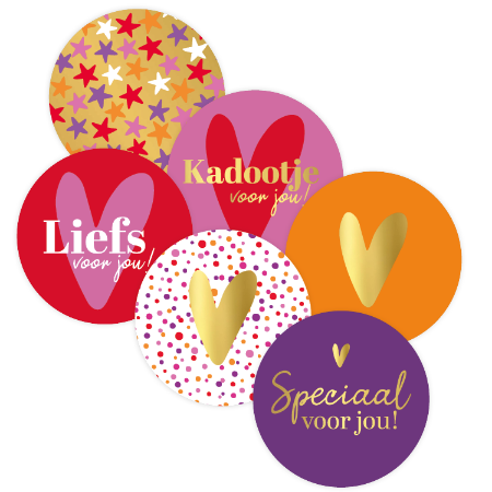Stickers Liefs & Kadootje Mix met 6 varianten in rood, paars, oranje, roze en goud – set van 12 – 40mm – Liefs en Lintjes