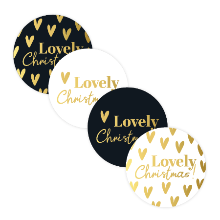 Stickers Lovely Christmas zwart/wit/goud met hartjes 40mm – set van 12 – Liefs en Lintjes