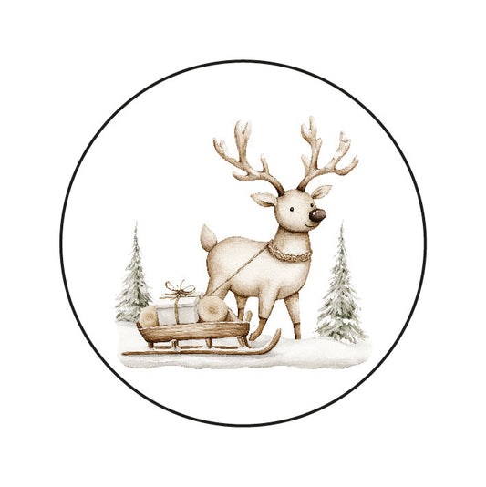 Stickers Rendier met Slee in de Sneeuw – ronde kerststickers met aquarelillustratie van rendier, slee en dennenbomen, Liefs en Lintjes