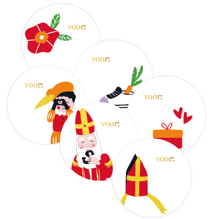 Stickers Sinterklaas Mix Wit met Sint, Piet en cadeautjes illustraties – set van 12 – 50mm – Liefs en Lintjes