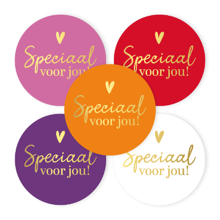 Stickers Speciaal voor jou in roze, rood, oranje, paars en wit met goud 40mm – set van 10 – Liefs en Lintjes