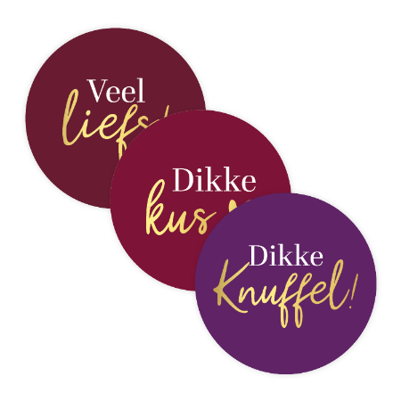 Stickers Veel Liefs, Dikke Kus en Dikke Knuffel paars/rood met goud 40mm – set van 12 – Liefs en Lintjes