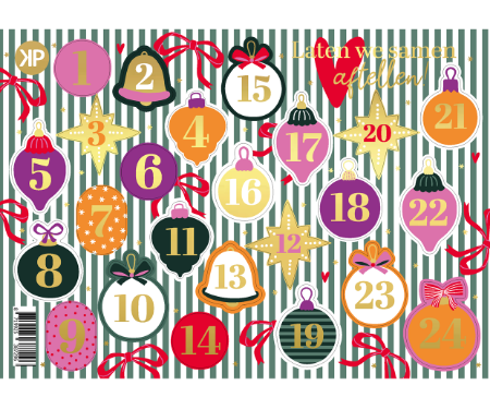 Stickervel adventkalender met 24 kleurrijke kerststickers om af te tellen – Liefs en Lintjes