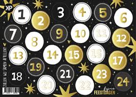 Stickervel adventkalender zwart, goud en wit met cijfers 1 t/m 24 – Liefs en Lintjes