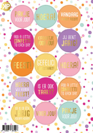 Stickervel Confetti Feest met 15 ronde stickers 40mm - Liefs en Lintjes