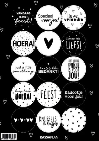 Stickervel Zwart/Wit Bestsellers met 15 ronde stickers 40mm - Liefs en Lintjes