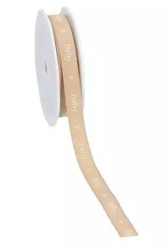 Stoffen lint met tekst ‘Baby’ en hartjes – bruin/crème – 12 mm breed – per meter – Liefs en Lintjes