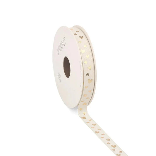 Stoffen lint crème met gouden hartjes – 12 mm breed – per meter – Liefs en Lintjes