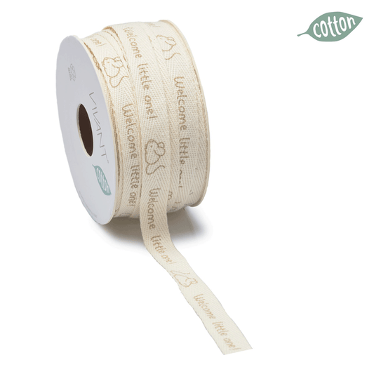 Stoffen lint crème met taupe tekst Welcome little one – 15 mm – per meter – Liefs en Lintjes