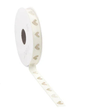 Stoffen lint crème met taupe hartjes – 12 mm breed – per meter – Liefs en Lintjes

