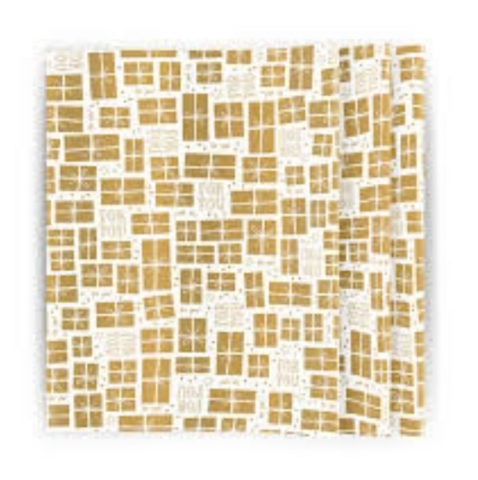 Vloeipapier met goudkleurige cadeautjes en tekst Golden Gifts – Liefs en Lintjes

